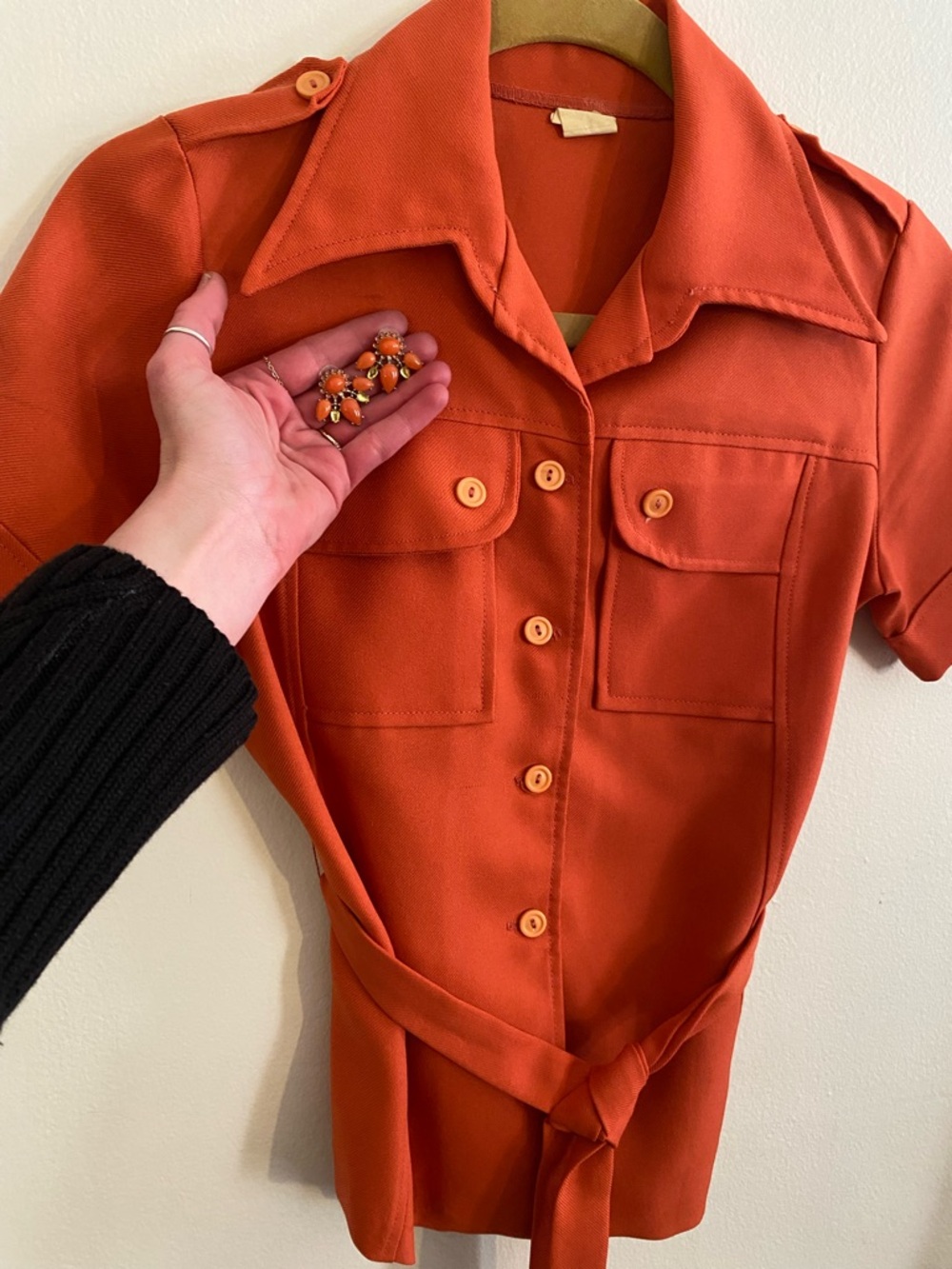 Vintage Orange Button Front Belted Top